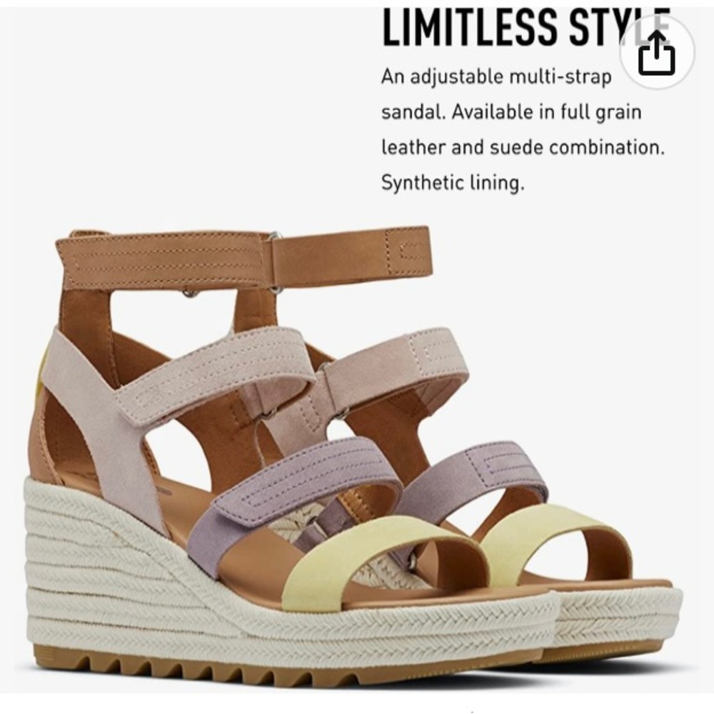 Sorel Women's Multi-Strap Wedge Sandals in Tan, Lavender, Pale Yellow